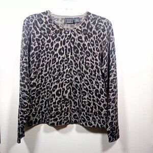 Laura Scott Grey & Black Animal Print Women’s Cardigan Sweater Size Small